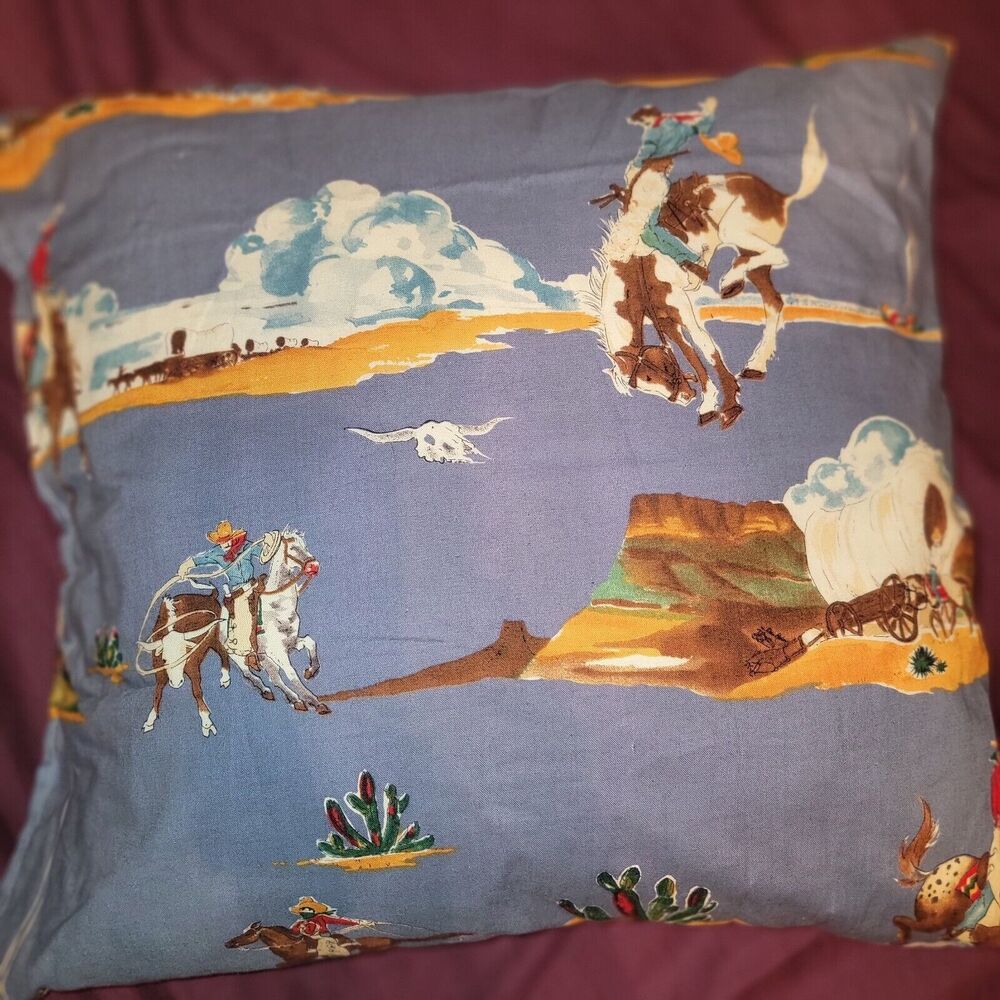 Upcycled Western Throw Pillow Cattle Steering Cowboys Stagecoach Horses Country